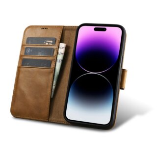 iCarer Oil Wax Wallet Anti-RFID 2in1 iPhone 14 Pro Max kinyitható és kivetető bőr tok - világosbarna