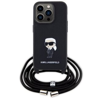 Karl Lagerfeld KLHCP15LSASKNPSK iPhone 15 Pro bőr hátlap tok nyakpánttal - fekete