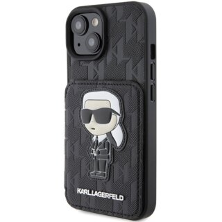 Karl Lagerfeld KLHCP15SSAKKNSCK iPhone 15 bőr hátlap tok kitámasztóval - fekete