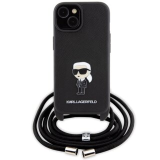 Karl Lagerfeld KLHCP15SSASKNPSK iPhone 15 bőr hátlap tok nyakpánttal - fekete