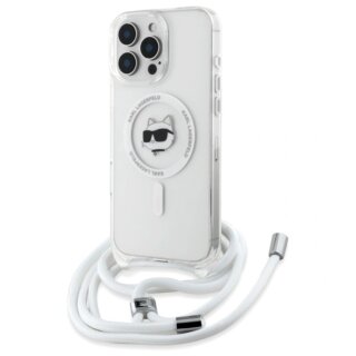 Karl Lagerfeld KLHMP16XHCCHNT MagSafe iPhone 16 Pro Max kemény hátlap tok nyakpánttal - átlátszó/fehér