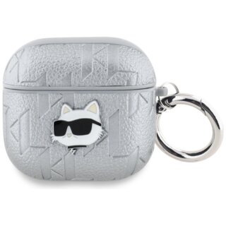 Karl Lagerfeld Monogram Choupette Head Apple AirPods 4 bőr tok + karabíner - ezüst