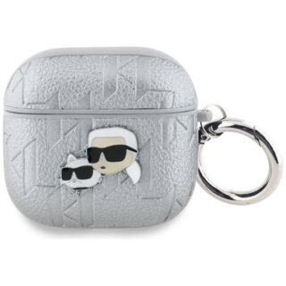 Karl Lagerfeld Monogram Karl & Choupette Head Apple AirPods 4 bőr tok + karabíner - ezüst