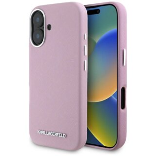 Karl Lagerfeld Saffiano Full Wrapped Elongated Metal MagSafe iPhone 16 bőr hátlap tok - rózsaszín