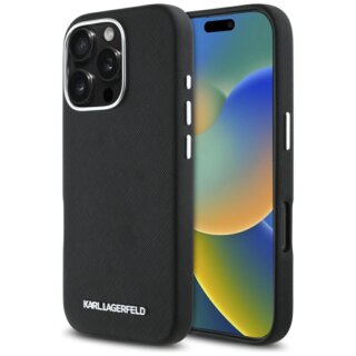 Karl Lagerfeld Saffiano Full Wrapped Elongated Metal MagSafe iPhone 16 Pro bőr hátlap tok - fekete