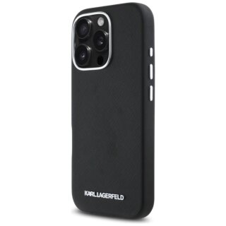 Karl Lagerfeld Saffiano Full Wrapped Elongated Metal MagSafe iPhone 16 Pro bőr hátlap tok - fekete