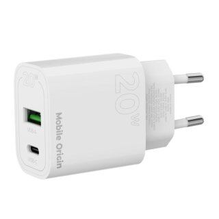 Mobile Origin MO12 hálózati töltő adapter (USB-A, USB-C) PD20W - fehér