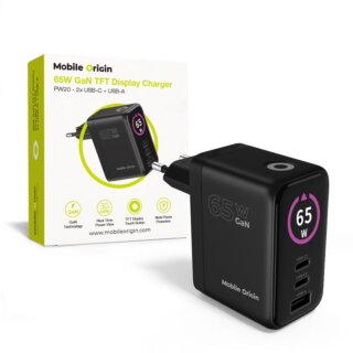 Mobile Origin PW20 hálózati töltő adapter kijelzővel (2x USB-C + 1x USB-A) 65W GaN - fehér