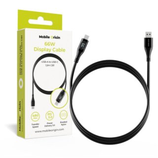Mobile Origin CB1 USB-C - USB-A kábel kijelzővel 66W - 150cm - fekete