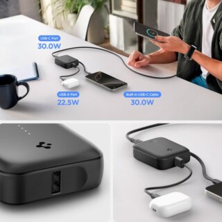 Spigen Essential EA3010BT Powerbank külső akkumulátor 10000mAh 30W beépített USB-C kábellel - fekete