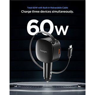 Spigen EV603BT Essential autós szivargyújtós töltő (1x USB-C + 1x USB-A) 60W + USB-C visszahúzható kábel - fekete