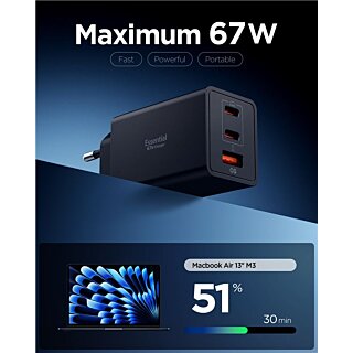 Spigen Essential EE673EU hálózati töltő adapter (2x USB-C + 1x USB-A) 67W - fekete