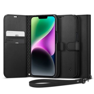 Spigen Wallet S iPhone 14 kinyitható bőr tok - fekete