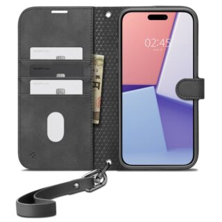 Spigen Wallet S Pro iPhone 15 Pro Max kinyitható bőr tok kártyatartóval és csuklópánttal - fekete