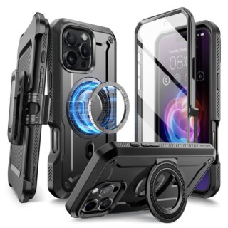 Supcase UB Pro Mag MagSafe iPhone 16 Pro Max kemény ütésálló hátlap tok kitámasztóval + előlap - fekete