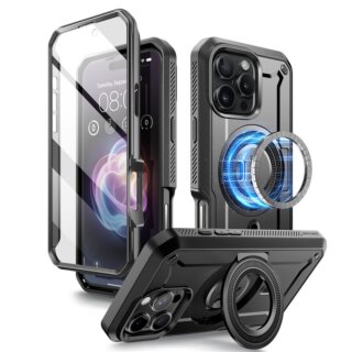 Supcase UB Pro Mag MagSafe iPhone 16 Pro Max kemény ütésálló hátlap tok kitámasztóval + előlap - fekete