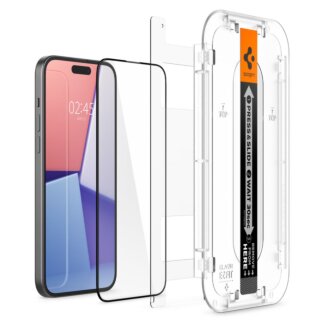 Spigen GLAS.tR EZ Fit Full Cover iPhone 15 teljes kijelzővédő üvegfólia felhelyezőkerettel