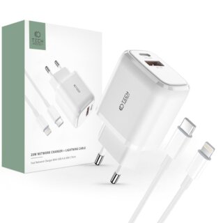 iKi C20W hálózati töltő USB-C PD20W + USB-A QC3.0 és Lightning - USB-C kábel 1m - fehér