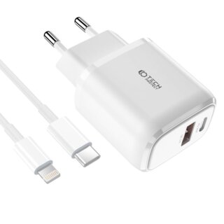 iKi C20W hálózati töltő USB-C PD20W + USB-A QC3.0 és Lightning - USB-C kábel 1m - fehér