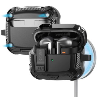 iKi Carbonox MagSafe Samsung Galaxy Buds 3 / 3 FE / 3 Pro kemény tok + karabíner - fekete