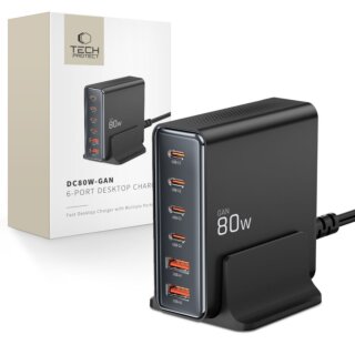 iKi DC80W-GAN hálózati töltő (4x USB-C, 2x USB-A) PD80W QC3.0 80W - fekete