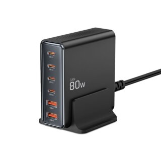 iKi DC80W-GAN hálózati töltő (4x USB-C, 2x USB-A) PD80W QC3.0 80W - fekete
