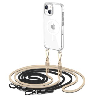 iKi Flexair Chain MagSafe iPhone 15 kemény hátlap tok + nyakpánt - átlátszó/fekete/bézs