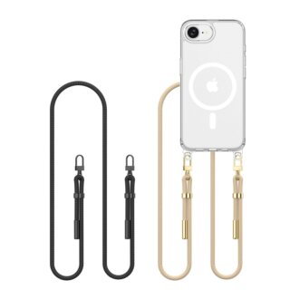 iKi Flexair Chain MagSafe iPhone 16e szilikon hátlap tok + nyakpánt - átlátszó/fekete/bézs