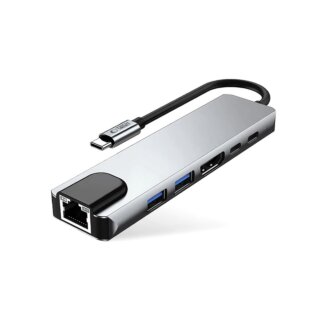 iKi HB02 6in1 USB-C hub (2xUSB-C + 2xUSB-A + HDMI 4k 30Hz + Ethernet) PD100W - asztroszürke