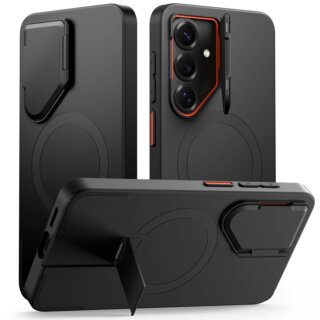 iKi Kevlar Aura MagSafe Samsung Galaxy S26 kemény hátlap tok kameravédővel + kitámasztóval - fekete