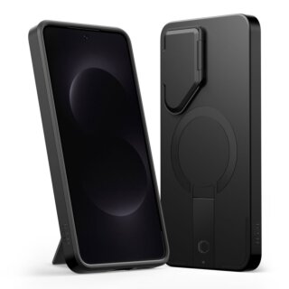 iKi Kevlar Aura MagSafe Samsung Galaxy S26 kemény hátlap tok kameravédővel + kitámasztóval - fekete