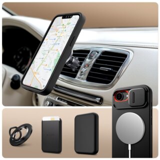 iKi Kevlar Aura MagSafe iPhone 16e kemény hátlap tok kameravédővel + kitámasztóval - fekete