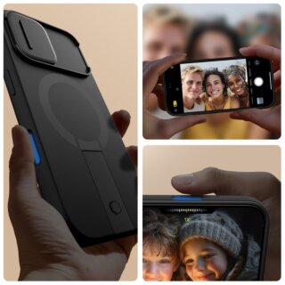 iKi Kevlar Aura MagSafe iPhone 17 kemény hátlap tok kameravédővel + kitámasztóval - fekete