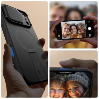 iKi Kevlar Aura MagSafe iPhone 17 Pro Max kemény hátlap tok kameravédővel + kitámasztóval - fekete