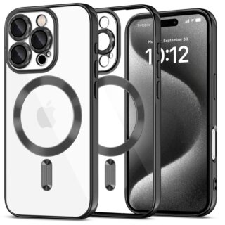 iKi MagFlex MagSafe iPhone 16 Pro szilikon ütésálló hátlap tok - fekete/átlátszó/fényes