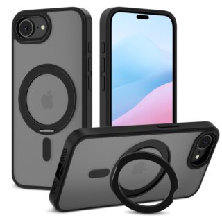 iKi Magring MagSafe iPhone 16e kemény hátlap tok kitámasztóval - matt fekete