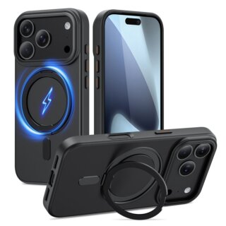 iKi MagRing MagSafe iPhone 17 Pro kemény hátlap tok kitámasztóval - fekete