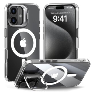 iKi MagStand MagSafe iPhone 16 kemény hátlap tok kitámasztóval - átlátszó