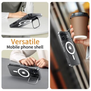 iKi MagStand MagSafe iPhone 16 kemény hátlap tok kitámasztóval - átlátszó