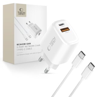 iKi NCA45W GaN hálózati töltő adapter (1x USB-C + 1x USB-A) 45W QC3.0 + USB-C - USB-C kábel - fehér