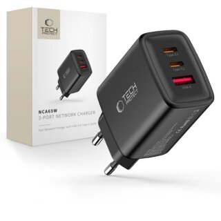 iKi NCA65W GaN hálózati töltő adapter (2x USB-C + 1x USB-A) 65W PD QC3.0 - fekete