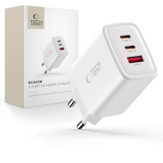 iKi NCA65W GaN hálózati töltő adapter (2x USB-C + 1x USB-A) 65W PD QC3.0 - fehér