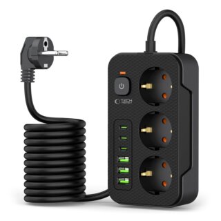 iKi PC3X6 hálózati elosztó és töltő (3x USB-A, 3x USB-C) 2m - fekete