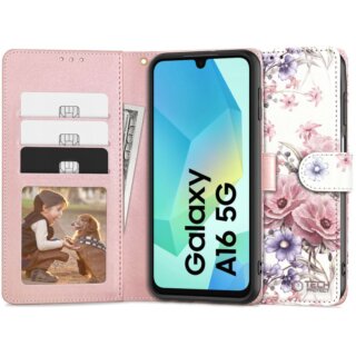iKi Wallet Samsung Galaxy A16 4G / A16 5G kinyitható bőr tok - virágos