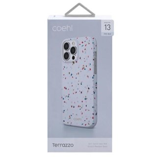 A Uniq Coehl Terrazzo iPhone 13 Pro Max kemény hátlap tok diszkrét logóval ellátott védelmi kiegészítő.