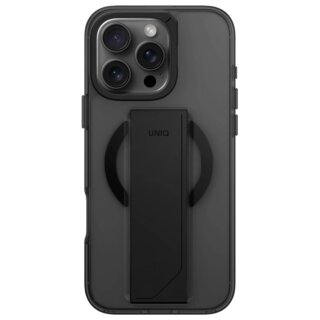 Uniq Heldro Max Magclick MagSafe iPhone 16 Pro kemény hátlap tok + ujjtartó és kitámasztó - átlátszó/fekete