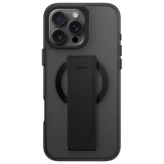 Uniq Heldro Max Magclick MagSafe iPhone 16 Pro Max kemény hátlap tok + ujjtartó és kitámasztó - átlátszó/fekete