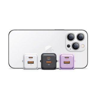 Usams US-CC189 USB-C + USB-A hálózati töltő 30W PD - lila