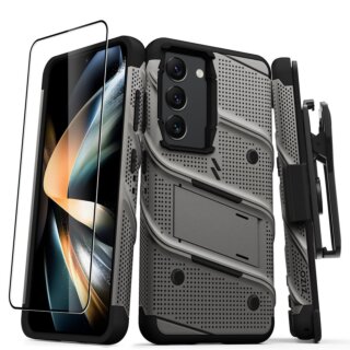 Zizo Bolt Series Samsung Galaxy S23 ütésálló kemény hátlap tok + állvány + kijelzővédő üvegfólia - szürke