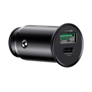Baseus Circular Metal PPS USB-A + USB- C autós töltő QC4.0/PD3.0 30W - fekete